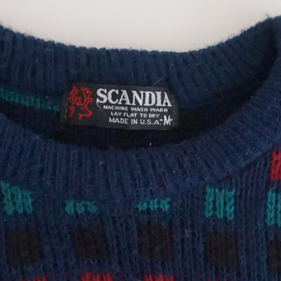 Vintage Scandia Navy Teal Red Wool Patterned Crewneck Sweater Retro Eclectic M - Picture 4 of 9